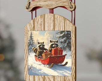 Raccoon Christmas Ornament Winter Woodland Animal Sled Ornament Cute Raccoon Holiday Tree Decor Rustic Christmas Gift