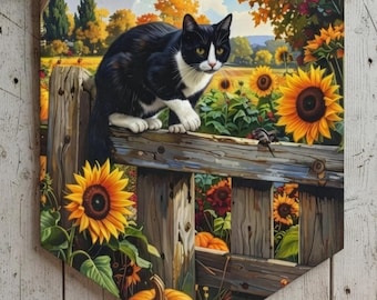 Tuxedo Cat Pennant Autumn Wall Banner Cat on Fence Sunflowers Pumpkins Fall Garden Decor Black White Cat Home Accent Cat Lover Gift