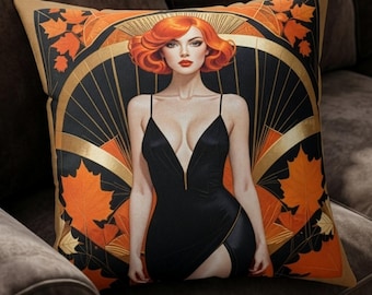 Art Deco Flapper Pillow Redhead Femme Fatale Autumn Thanksgiving Decor 1920s Glamour Spun Polyester Square Pillow Fall Home Accent