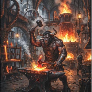 May include: A digital illustration of a muscular minotaur blacksmith working in a stone forge. The minotaur holds a hammer above an anvil, striking a glowing orange axe. The scene features industrial gears, a large furnace with bright flames, and various metal tools hanging in the background.