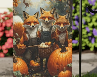 Pumpkin Harvest Garden Flag Three Foxes Autumn Farm House Banner Rustic Fall Yard Decor Thanksgiving Woodland Animal Outdoor Decoration