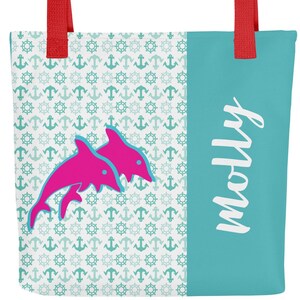 Personalized Name Tote Bag, Sunrise Dolphins, Hot Pink Dolphins Print Tote, Beach Sunrise Tote Bag, Gift For Beach Lovers