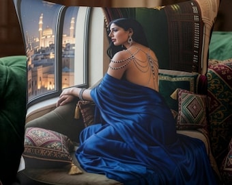 Desert Beauty Pillow Blue Gown Eastern Art Deco Woman Portrait Decorative Pillow Exotic Arabian Inspired Luxury Home Decor Elegant Accent