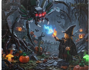 Witch vs Giant Spider Halloween Puzzle Spooky Jigsaw Puzzle Brick Style Fantasy Halloween Party Gift
