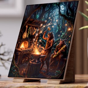 May include: A wooden art print depicting a fantasy scene of two satyrs in a forest. One is hammering metal at a forge, while the other plays a flute. The artwork features a warm color palette with sparks and glowing lights.