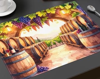 ブドウ畑とワイン樽の風景を描いたプレイスマット｜素朴なワイナリー風テーブルマット