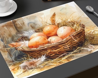 Mantel individual con diseño de nido de Pascua y huevos moteados / Decoración de mesa rústica de primavera
