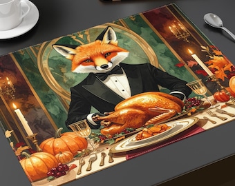 Dapper Red Fox Thanksgiving Dinner Placemat Elegant Anthropomorphic Fox Autumn Table Decor Thanksgiving Feast Woodland Animal Table Setting