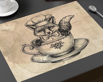 Podkładka pod talerz z lisem w filiżance | Vintage Illustrated Woodland Animal