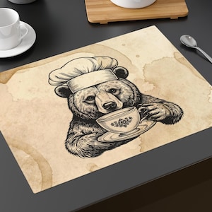 Bear Chef Placemat | Tea Illustration Kitchen Table Decor, 100% Cotton
