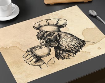 Rooster Chef Drinking Coffee Placemat | Kitchen Breakfast Decor
