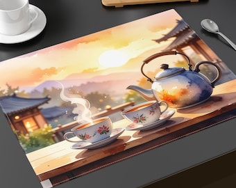 Sunrise Tea Scene Placemat | Teapot and Cups Table Decor