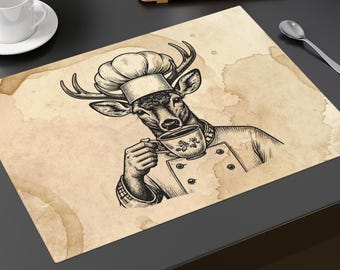 Chef Deer Illustration Placemat | Vintage Coffee Antlered Stag