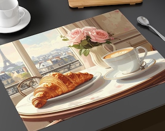 Mantel individual con croissant para desayunar en París / Escena de café, vista de la Torre Eiffel