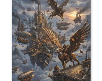Cuadro decorativo de pared estilo Steampunk de Griffin Sky Factory con temática de ciudad voladora, decoración industrial fantástica, regalo de criatura mítica para sala de juegos.
