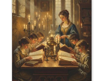 Cuadro decorativo "Lecciones a la luz de las velas", regalo para profesores, decoración de aulas, lámina antigua de lectura, estética académica para el hogar, regalo único para educadores y estudiantes.