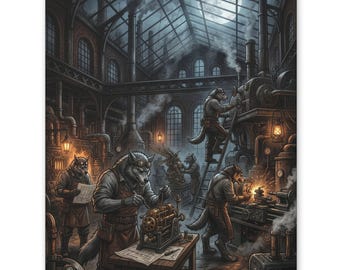 Cuadro decorativo Steampunk de fábrica de hombres lobo, estilo industrial fantástico, taller mecánico, lámina de aventura, estética para el hogar, regalo único para él.