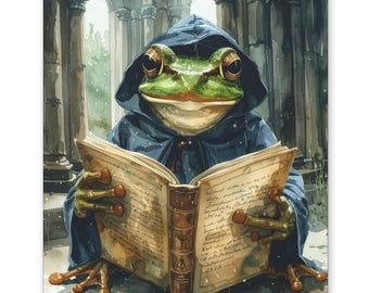 Lienzo decorativo de pared con diseño de rana leyendo un libro, estilo Dark Academia, regalo para amantes de las ranas en catedrales, decoración de biblioteca, animales caprichosos, estilo bruja.