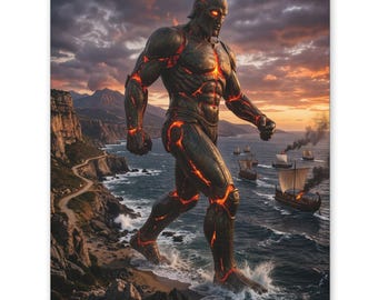 Arte mural del guerrero gigante de bronce, mitología de Talos, decoración del antiguo titán griego, estampado de fantasía oceánica, estética para el hogar, regalo único para amantes de la fantasía.