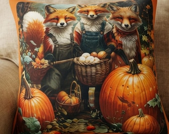 Autumn Fox Pillow Pumpkin Harvest woodland Creature Art Rustic Fall Home Thanksgiving Pillow Fox Lover Gift Spun Polyester Square Pillow