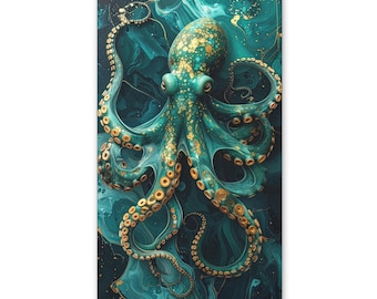 Cuadro Art Déco de pulpo en lienzo, color verde azulado y dorado, decoración de pared abstracta, pintura náutica costera, estampado moderno de vida silvestre, regalo estético de lujo para el hogar para ella.