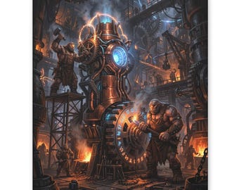 Arte mural de taller de cíclopes steampunk, decoración de fantasía industrial, impresión de motor mecánico, engranaje antiguo, estética del hogar, regalo único para fanáticos de la fantasía.