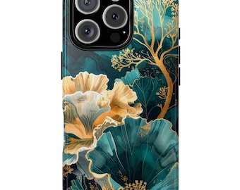 Funda para iPhone Art Deco color verde azulado, dorado y coral. Funda náutica marina de lujo con estética geométrica y estampado oceánico fluido. Regalo único para ella. Moderna.