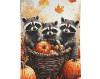 Thanksgiving Kitchen Towels Three Raccoons With Pumpkins Fall Harvest Kitchen Towel Microfiber Tea Towel Cute Woodland Creatures Decor