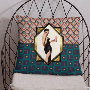 Art Deco Pillow, Throw Pillow,  Sexy Flapper Vine Glass, Throw Pillow, Couch Pillow, Decorative Pillow, Vintage Illustration Flapper