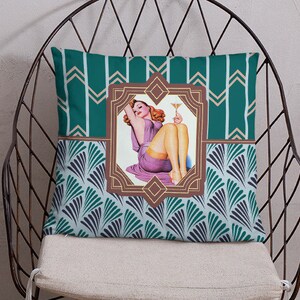 Art Deco Pillow, Fashion Pillow,  Sexy Celebrating Flapper, Teal Throw Pillow, Couch Pillow, Decorative Pillow, Vintage Illustration Flapper