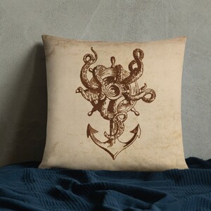 Nautical decor, nautical pillow, octopus, Kraken Tentacles on steering wheel, sea anchor, beach house decor, vintage decor