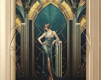 Art Deco Flapper Canvas Wall Art 1920s Glamour Statement Piece Luxury Roaring Twenties Wall Decor Emerald and Gold Interior Art