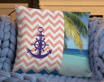 Nautical Pillow Pink, Beach Pillow Navy Blue, Coastal Pillow Sea Anchor, Beach House Pillow, Tropical Home Pillow, Beach Lovers Gift