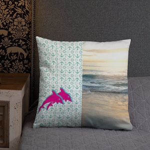 Nautical Pillow Pink Dolphins, Beach Pillow Sea Anchors, Coastal Pillow Teal,  Tropical Home Pillow, Palm Trees Beach Lovers Gift