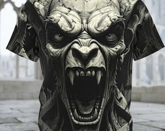 Screaming Gargoyle T-Shirt All Over Print Horror Face Halloween Gothic Cathedral Stone Horror Tee Dark Medieval Halloween Shirt Unisex