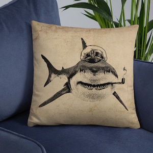 Nautical decor pillow, shark pillow, boatswain shark with pipe, sailor shark vintage throw pillow, stained vintage paper illustration