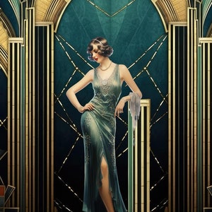 Art Deco Canvas Wall Art Print; Flapper Girl in Green Dress Canvas Art; Elegant Flapper Canvas Wall Art Vertical 16x20&quot;;  Gift For Her