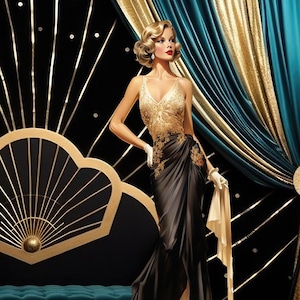 Art Deco Flapper Girl Canvas Print; Wall Art Fashion – 1920s Black Gold Dress Wall Home Decor