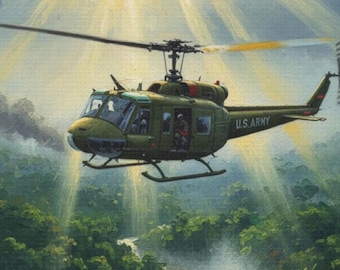 Vietnam Huey Helicopter Canvas Wall Art Vietnam War Jungle Combat Military Aviation Wall Decor Historical Helicopter Matte Stretched Canvas