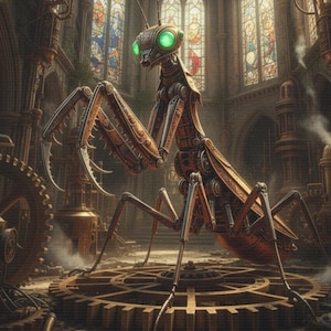 Può includere: Una mantide religiosa meccanica con occhi verde brillante si trova sopra un grande ingranaggio in bronzo. La creatura presenta intricate placche metalliche e arti articolati, all'interno di una cattedrale con vetrate colorate.
