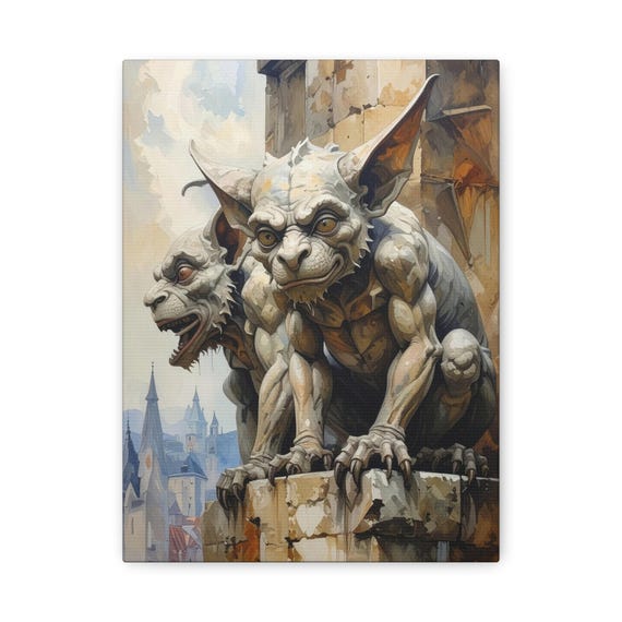 Gargoyle Sculpture Matte Canvas Stretched 1.25" | Gothic Medieval City Roofs