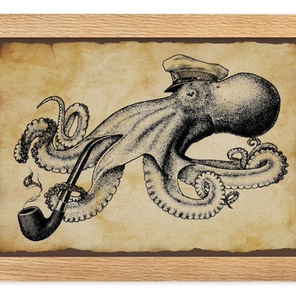 Nautical wall decor, octopus wall art frame, octopus boatswain with smoking pipe print, framed matte paper poster, vintage wall art