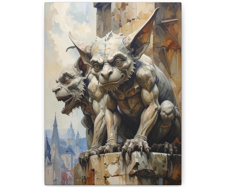 May include: A canvas print featuring a detailed illustration of two stone-colored gargoyles perched on a ledge. The creatures have pointed ears, muscular builds, and sharp claws. In the background, a pale sky overlooks a cluster of tall, pointed towers.