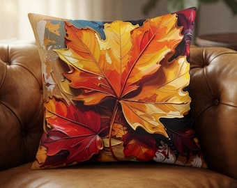 Autumn Maple Leaves Pillow Fall Leaf Throw Pillow Abstract Painted Foliage Orange Red Yellow Autumn Home Decor Square Pillow