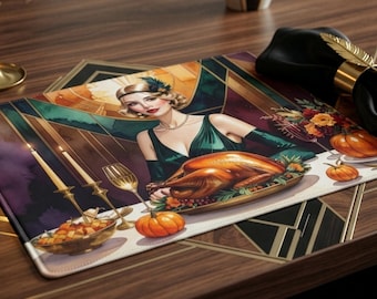 Vintage 1920s Lady Thanksgiving Placemat Art Deco Turkey Dinner Table Decor Retro Fall Dining Table Setting Holiday Placemat