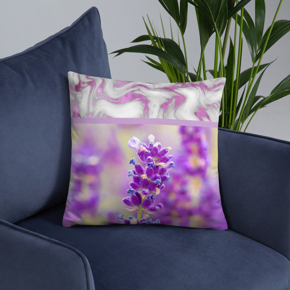 Lavender Flower Pillow, Marble Pillow, Floral Pillow Purple, Floral