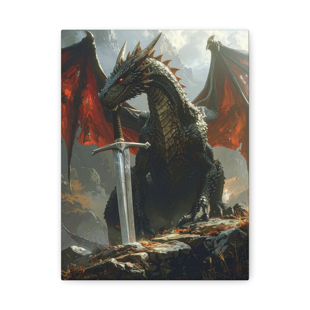 Dragon Knight Sword Canvas Art Medieval Fantasy Wall Decor Epic Warrior ...