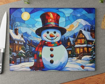 Schneemann Dorf Glas Schneidebrett Winter Urlaub Küche Dekor Weihnachten Bauernhaus Küche Geschenk Housewarming Winter Szene Dekor