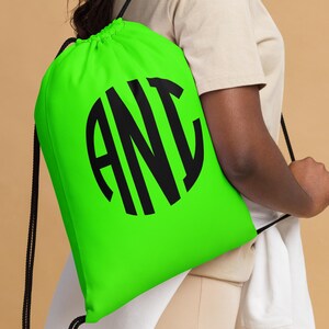 Monogram Drawstring Backpack; Custom Cinch Sack Bags; Personalized Lime Drawstring Bag; Team Sports School Travel Party Favor Bags