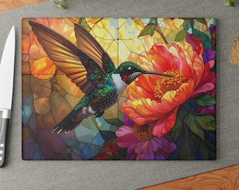 Planche à découper en verre pivoine colibri style vitrail floral décoration de cuisine cadeau amateur d'oiseaux planche de cuisine florale